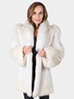 Woman's White Mink Fur Stroller with Shadow Fox Sleeves and Tuxedo Front