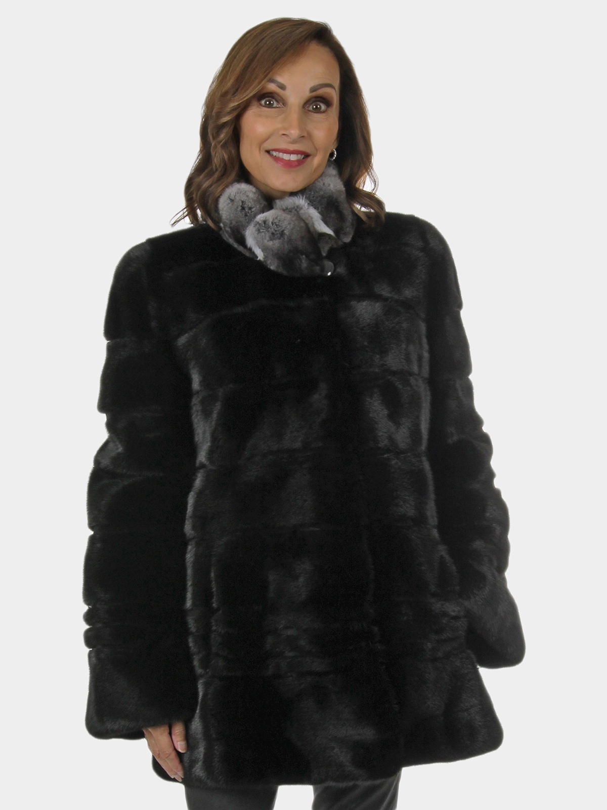 Woman's New Ranch Mink Fur Coat with Chinchilla Collar