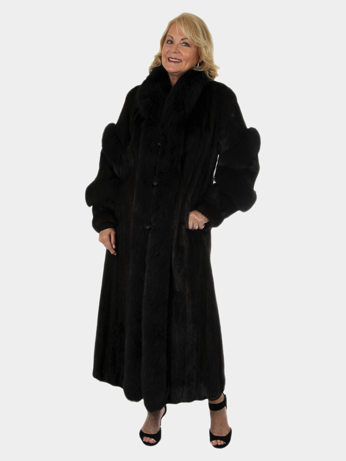 Woman's New Deep Mahogany Female Mink Fur Coat with Fox Trim