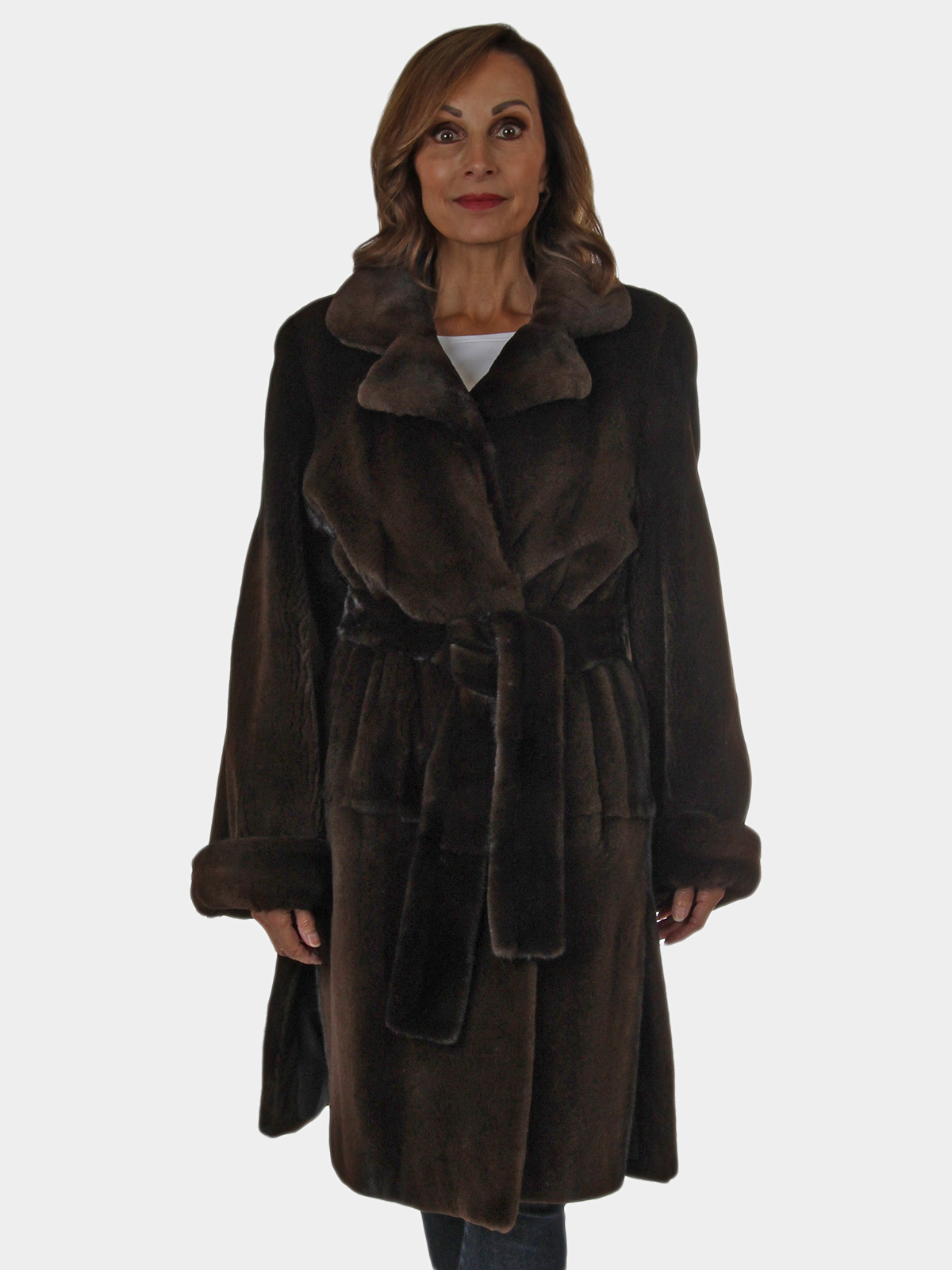 Woman's Chocolate Brown Semi-Sheared Mink Fur 7/8 Coat with Belt