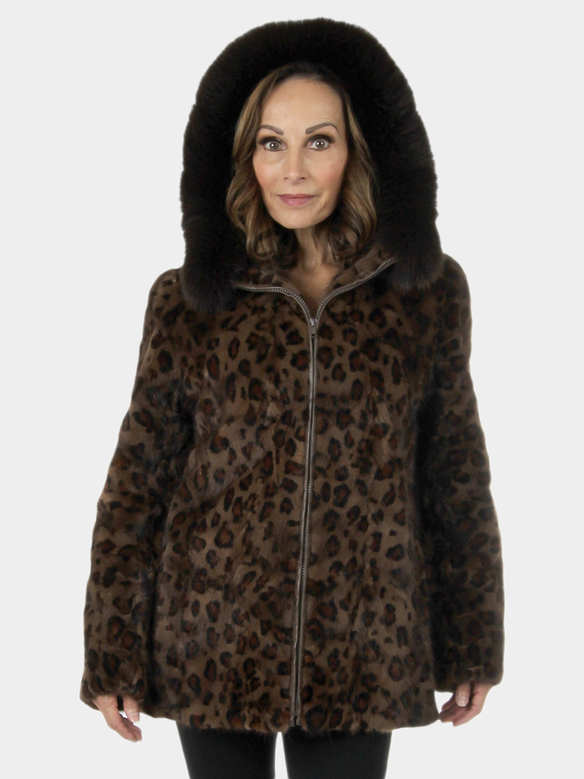 Woman's Animal Print Sectioned Mink Fur Parka