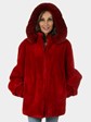 Woman's Red Sheared Beaver Fur Jacket with Detachable Fur Trimmed Hood