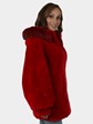 Woman's Red Sheared Beaver Fur Jacket with Detachable Fur Trimmed Hood