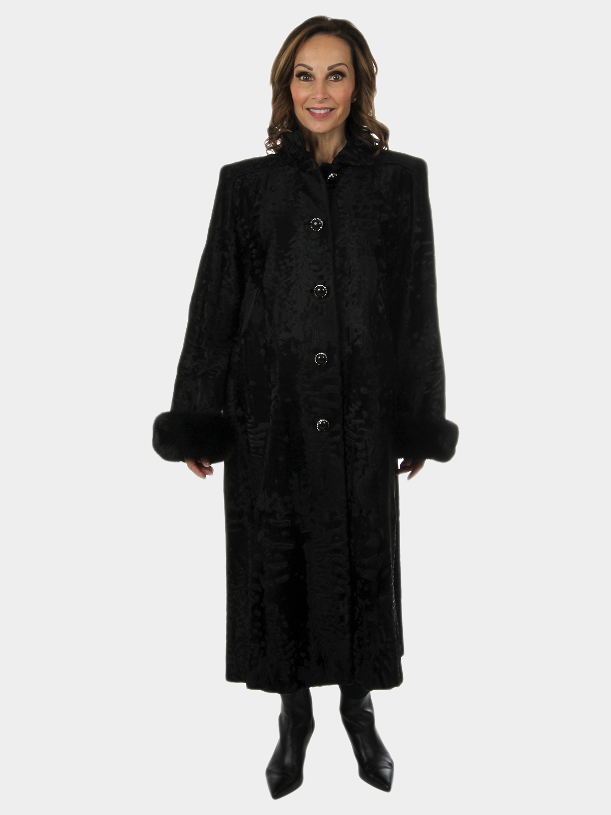 Woman's Black Swakara Lamb Fur Coat with Fox Cuffs