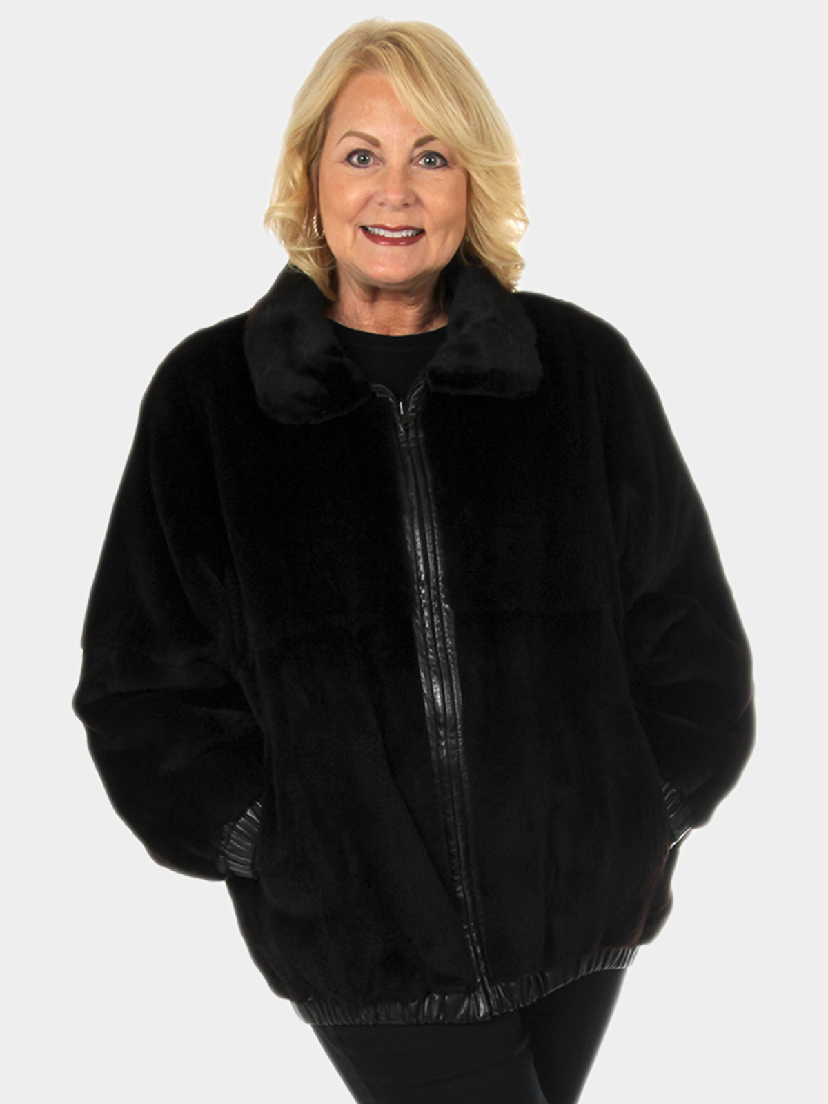 Unisex Black Plucked Mink Fur Jacket Reverses to Leather