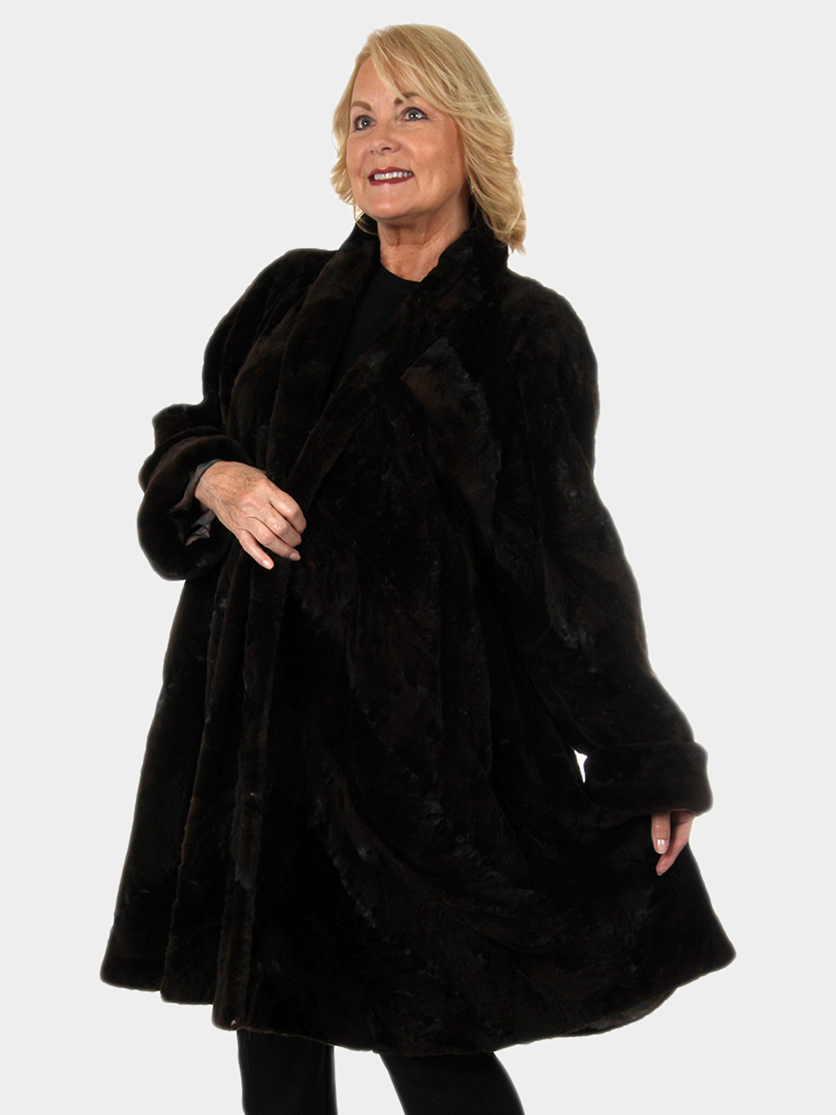 Woman's Mahogany Semi-Sheared and Sculptured Mink Fur Swing 3/4 Coat Reversible