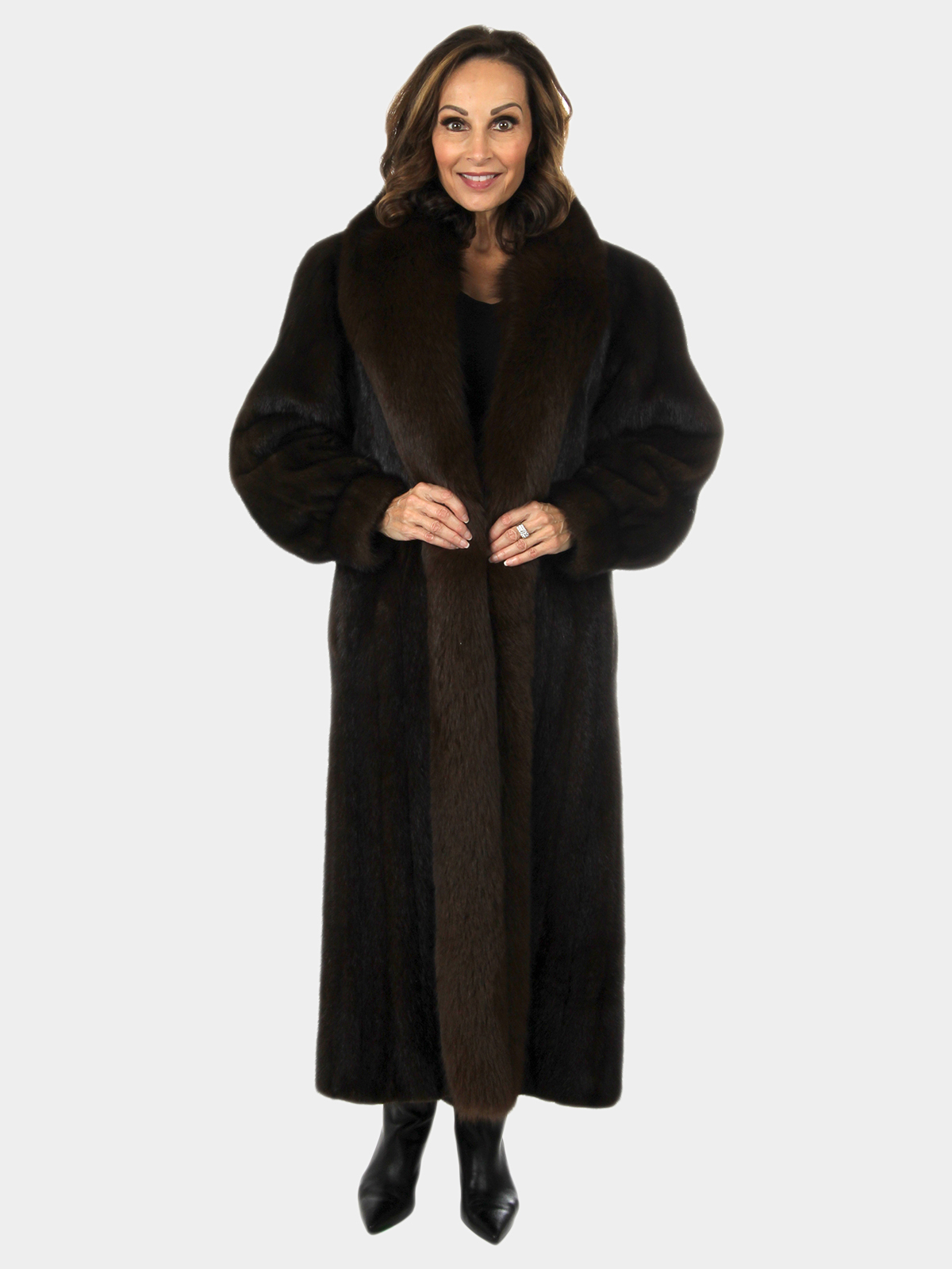 Woman's Dark Mahogany Mink Fur Coat with Fox Tuxedo Front