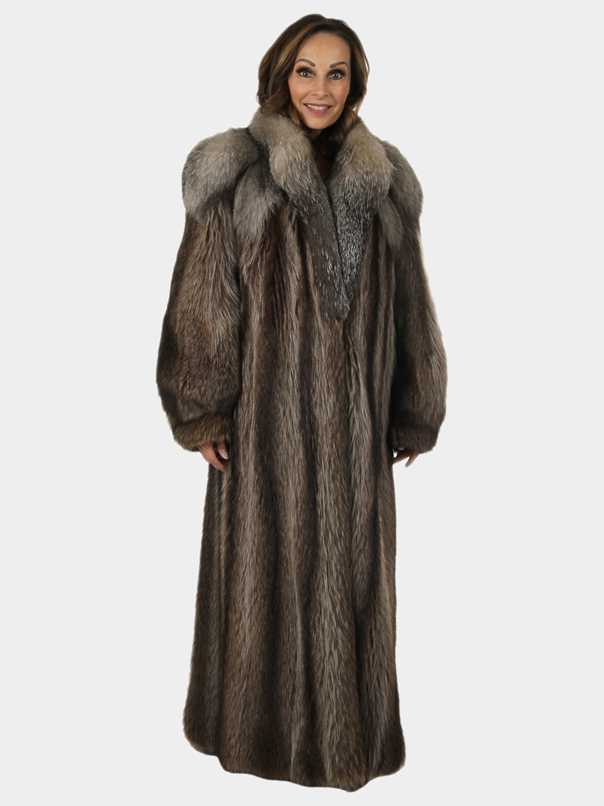 Woman's Raccoon Fur Coat with Indigo Fox Trim