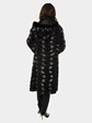 Woman's Black Grey and White Rex Rabbit 3/4 Coat with Hood Reversible to Rain Fabric