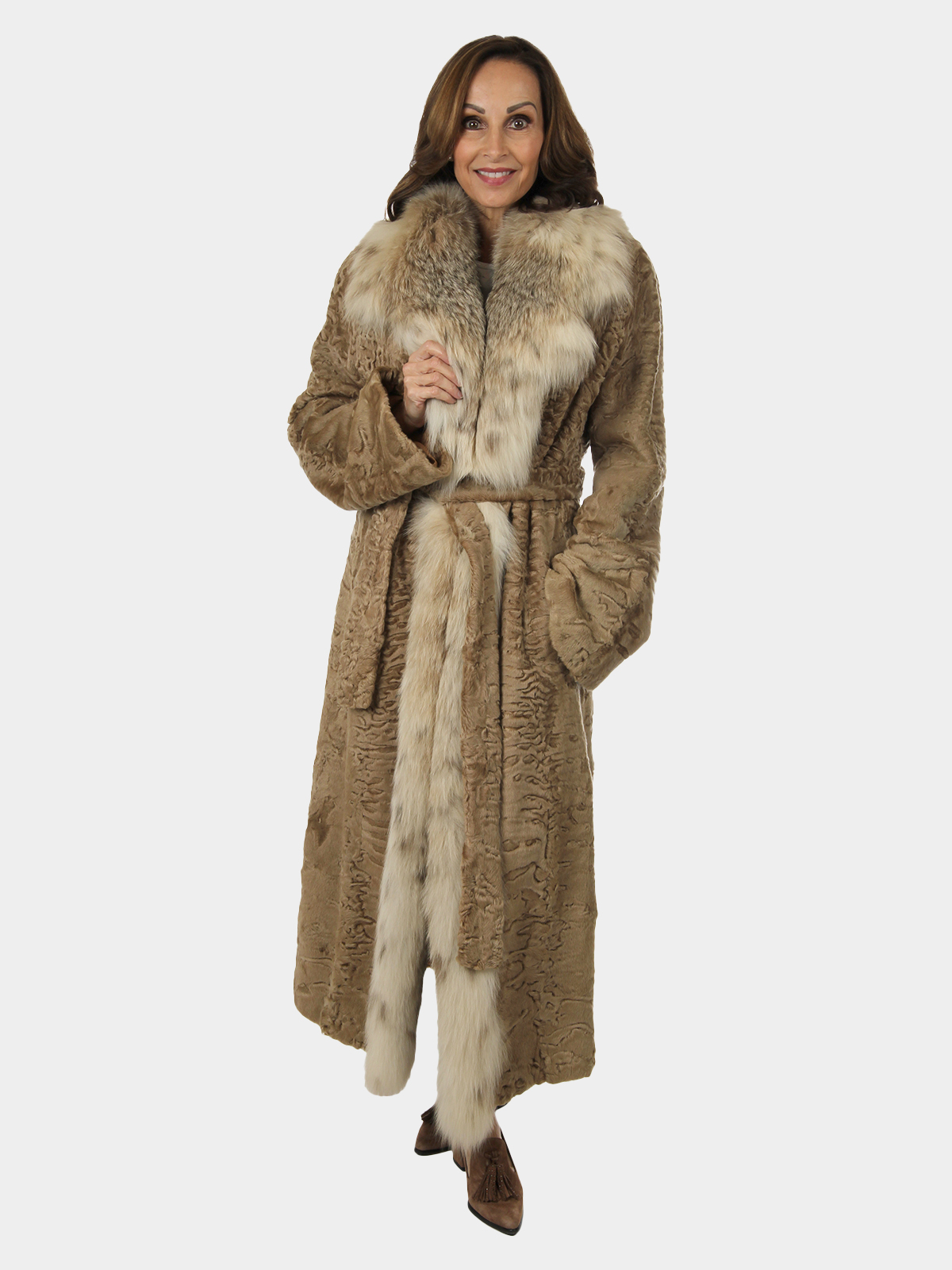 Woman's Beige Swakara Lamb Coat with Canadian Lynx Collar and Front with Detachable Belt