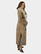 Woman's Beige Swakara Lamb Coat with Canadian Lynx Collar and Front with Detachable Belt