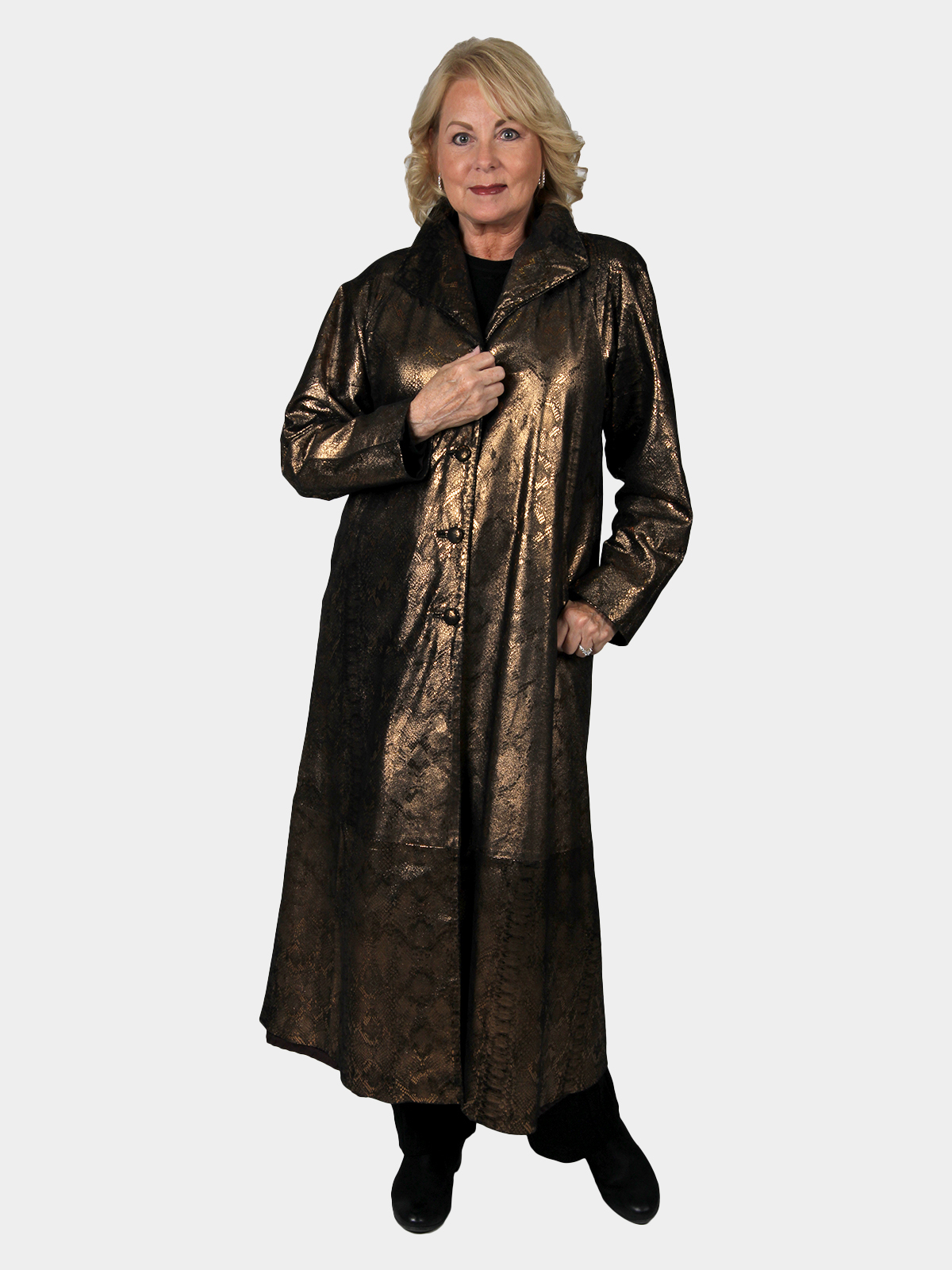 Woman's Bronze Leather Coat with Snake Skin Finish