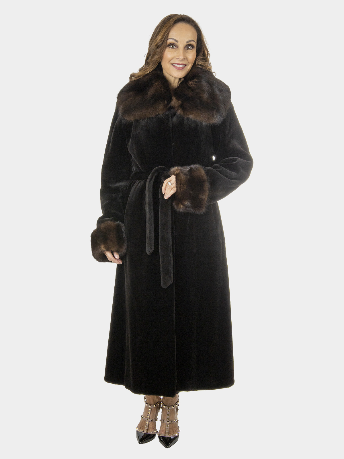 Deep Brown Sheared Mink Fur Coat with Sable Trim - Small | Estate Furs