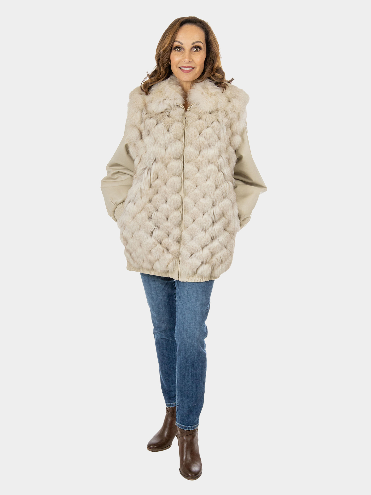 Women's Natural Cross Fox Fur Jacket with Zipout Leather Sleeves