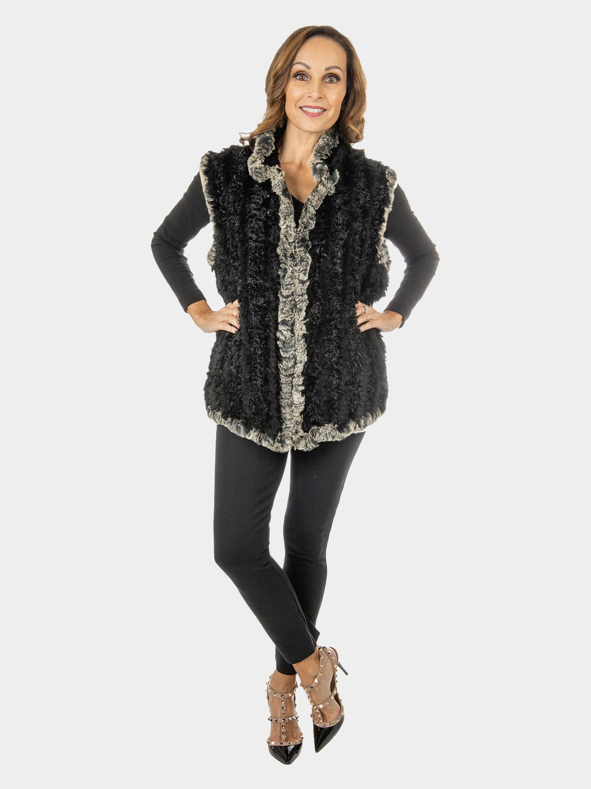 Women's Black and Grey Rex Rabbit Fur Vest