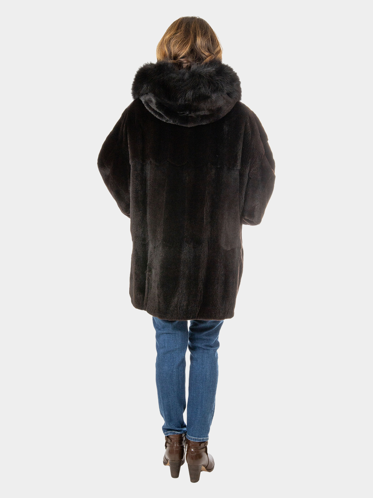 Women's Plus Size Dark Brown Sheared Mink Fur Parka Reversing to Black Leather