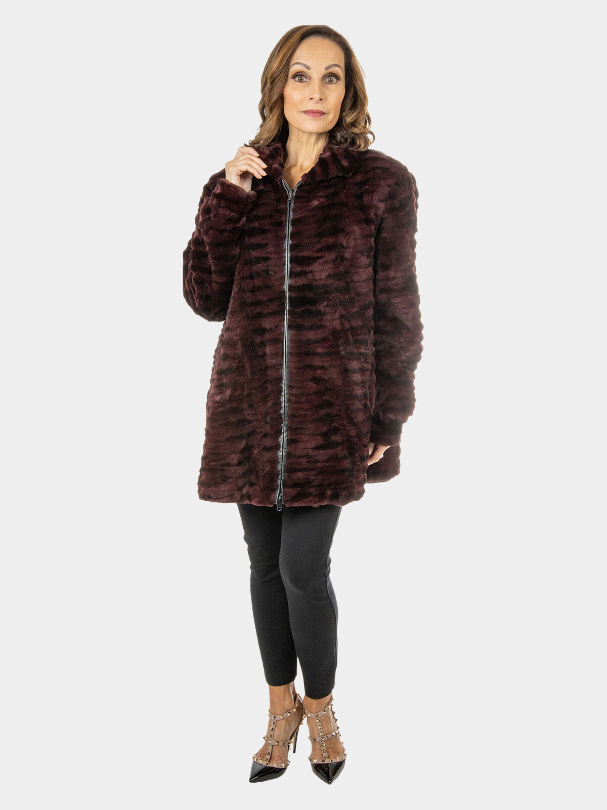 Woman's Burgundy and Black Sheared and Grooved Mink Fur Jacket