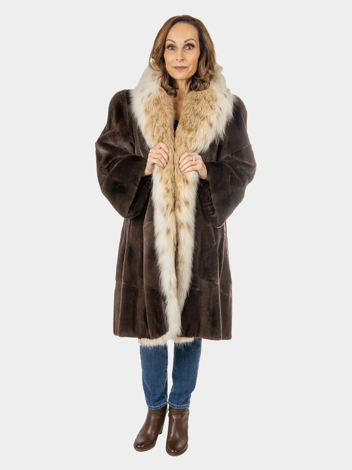 Woman's Natural Sheared Muskrat 3/4 Fur Coat with Canadian Lynx Trim