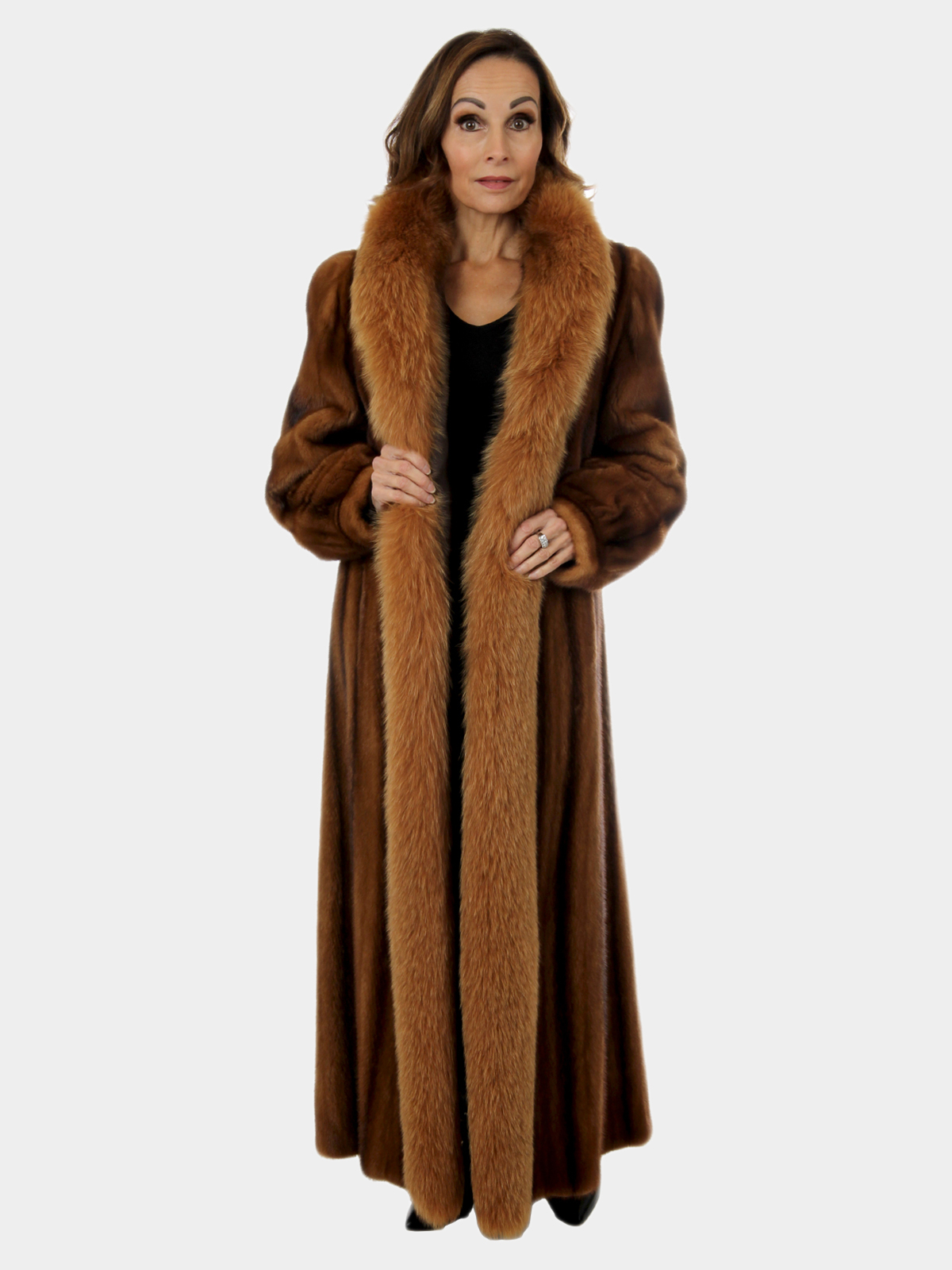Woman's Whiskey Female Mink Fur Coat With Fox Tuxedo Front