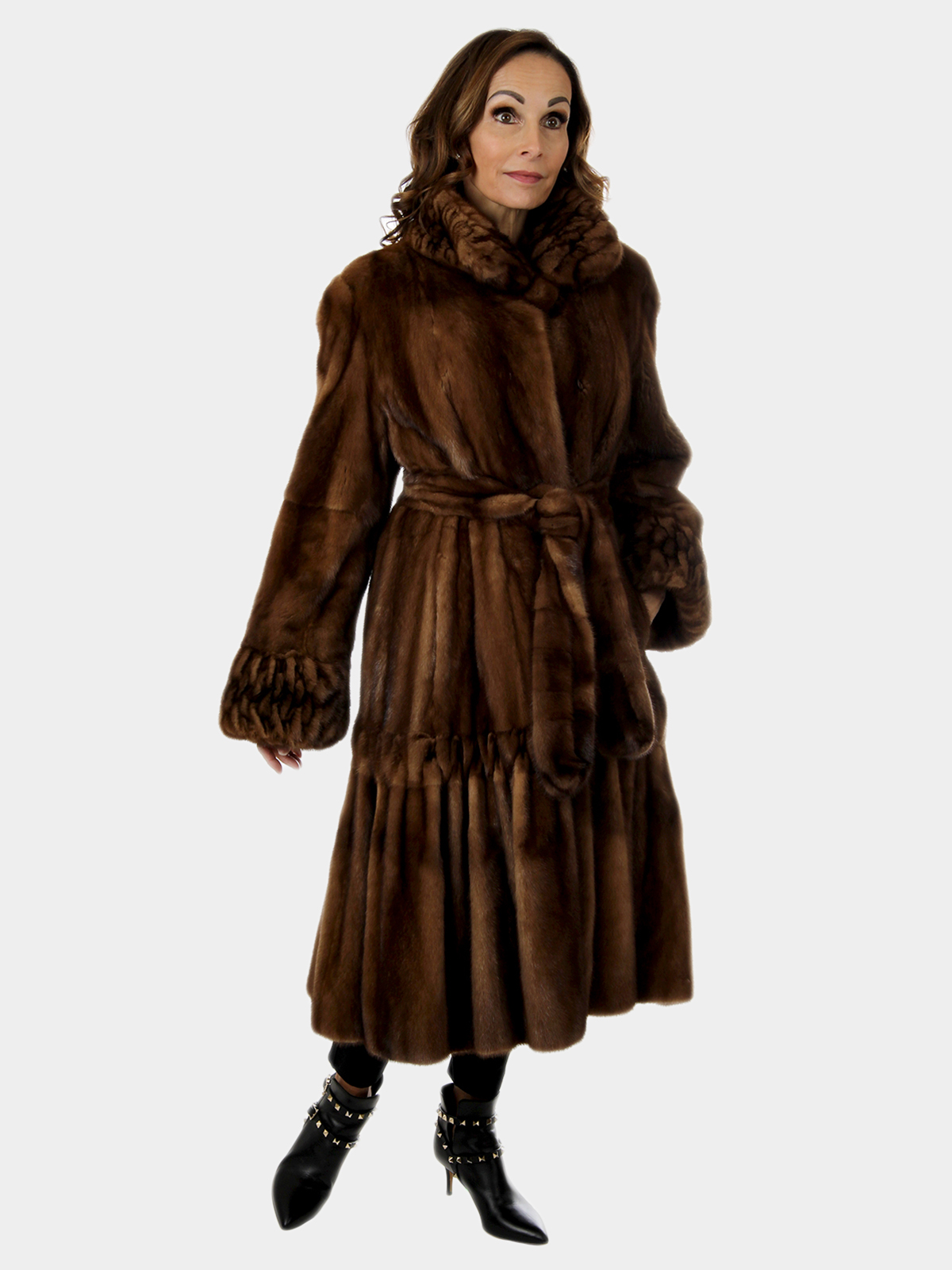 Woman's Whiskey Female Mink Fur 7/8 Coat With Ruching Design and Detachable Belt