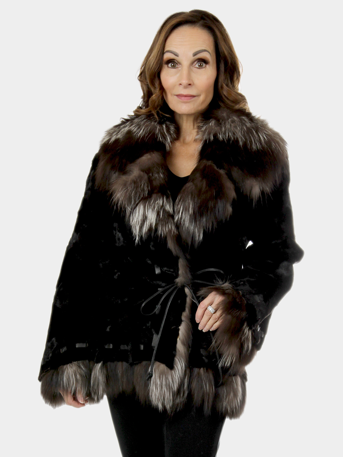 Woman's Semi-Sheared Ranch Mink Fur Jacket With Silver Fox Trim