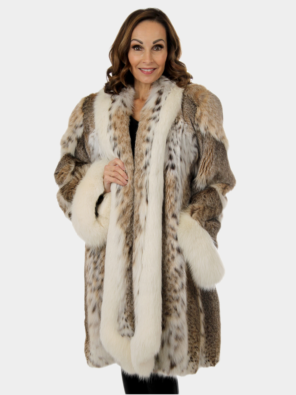 Woman's Natural Cat Lynx 3/4 Fur Coat with Shadow Fox Trim