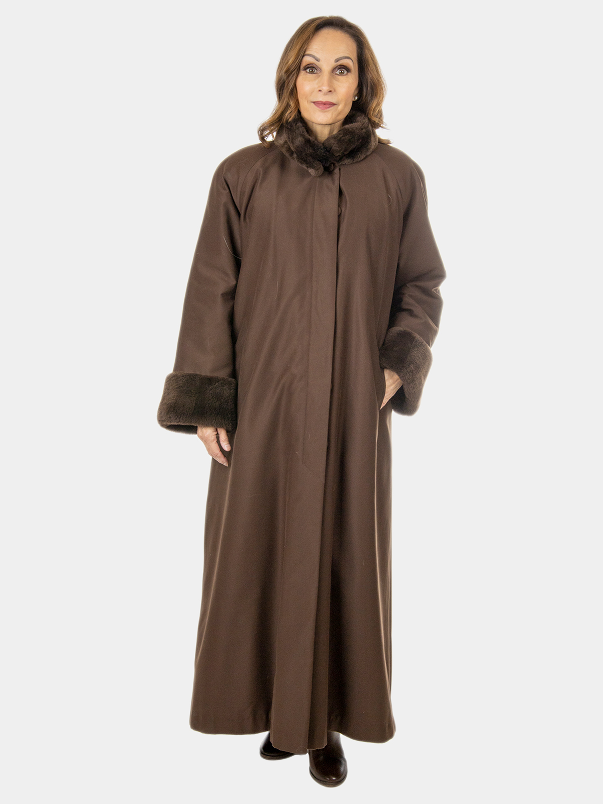 Woman's Brown Sheared Nutria Fur Lined Microfiber Raincoat
