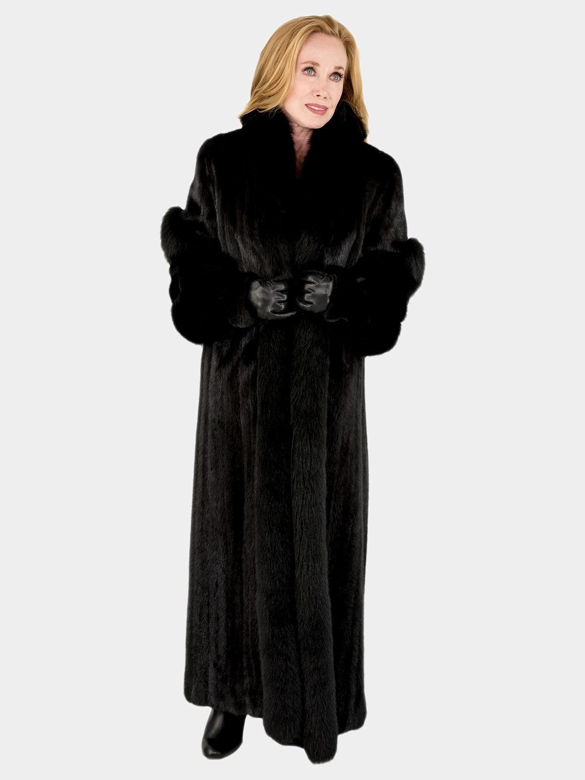 Woman's Ranch Female Mink Fur Coat with Fox Tuxedo Front