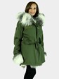 Woman's Army Green Fabric Parka with Rex Rabbit Lining and Silver Fox Trim