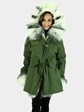 Woman's Army Green Fabric Parka with Rex Rabbit Lining and Silver Fox Trim