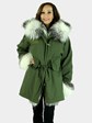 Woman's Army Green Fabric Parka with Rex Rabbit Lining and Silver Fox Trim