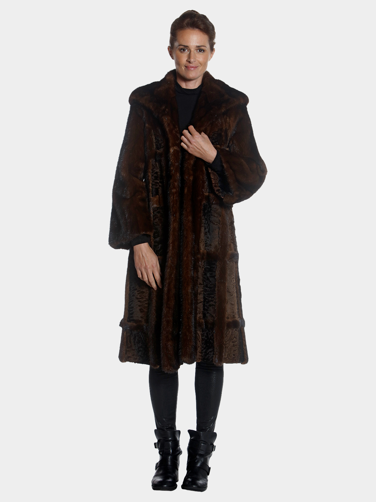 Womens Mahogany Mink Fur Coat With Lamb Intarsia