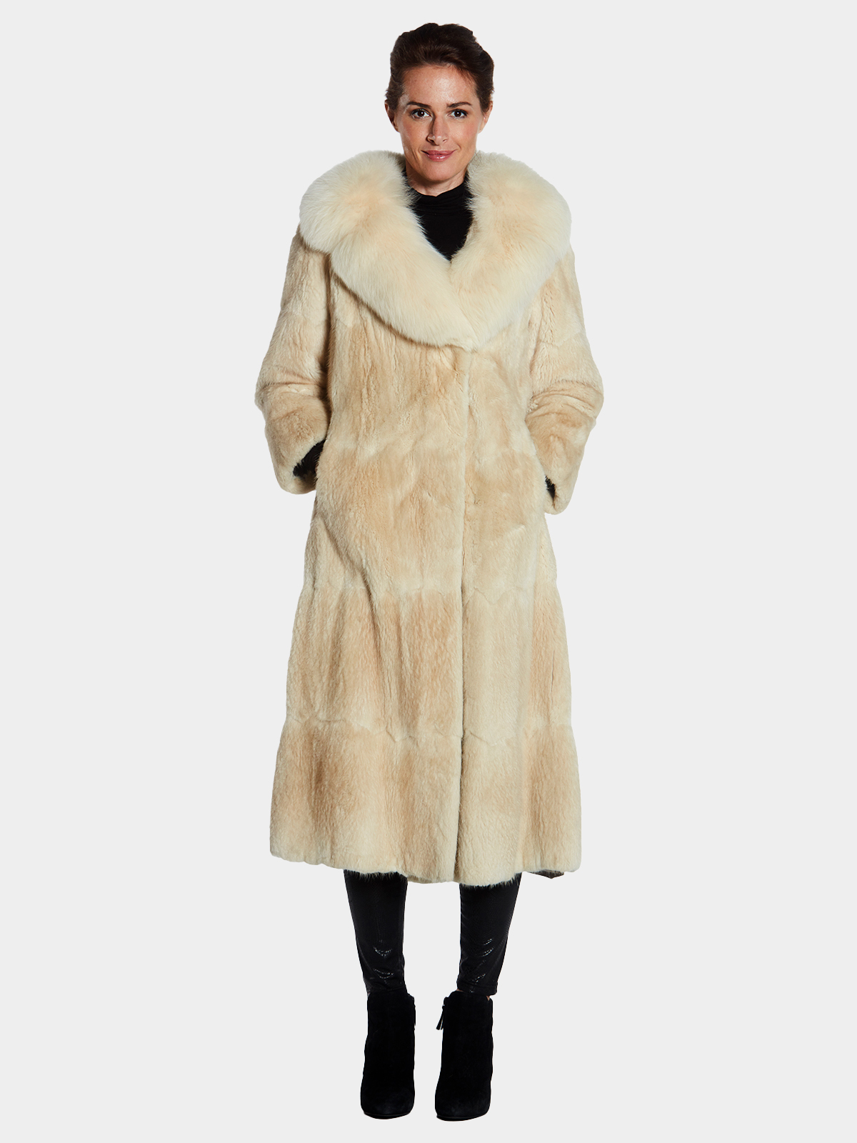 Womens Blonde Dyed Muskrat Fur Coat With Fox Fur Collar