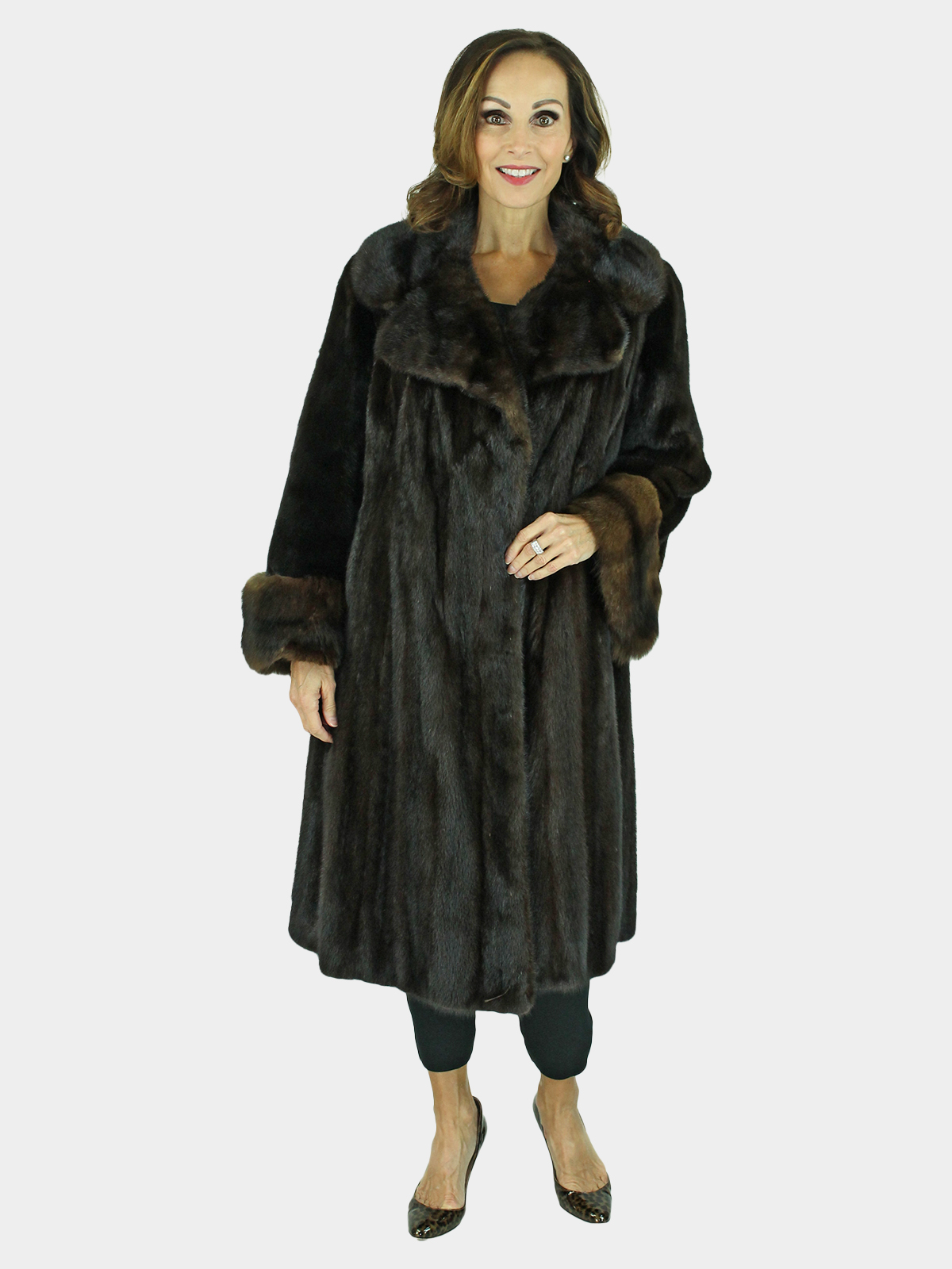 Woman's Ranch Female Mink Fur 7/8 Coat with Sable Cuffs