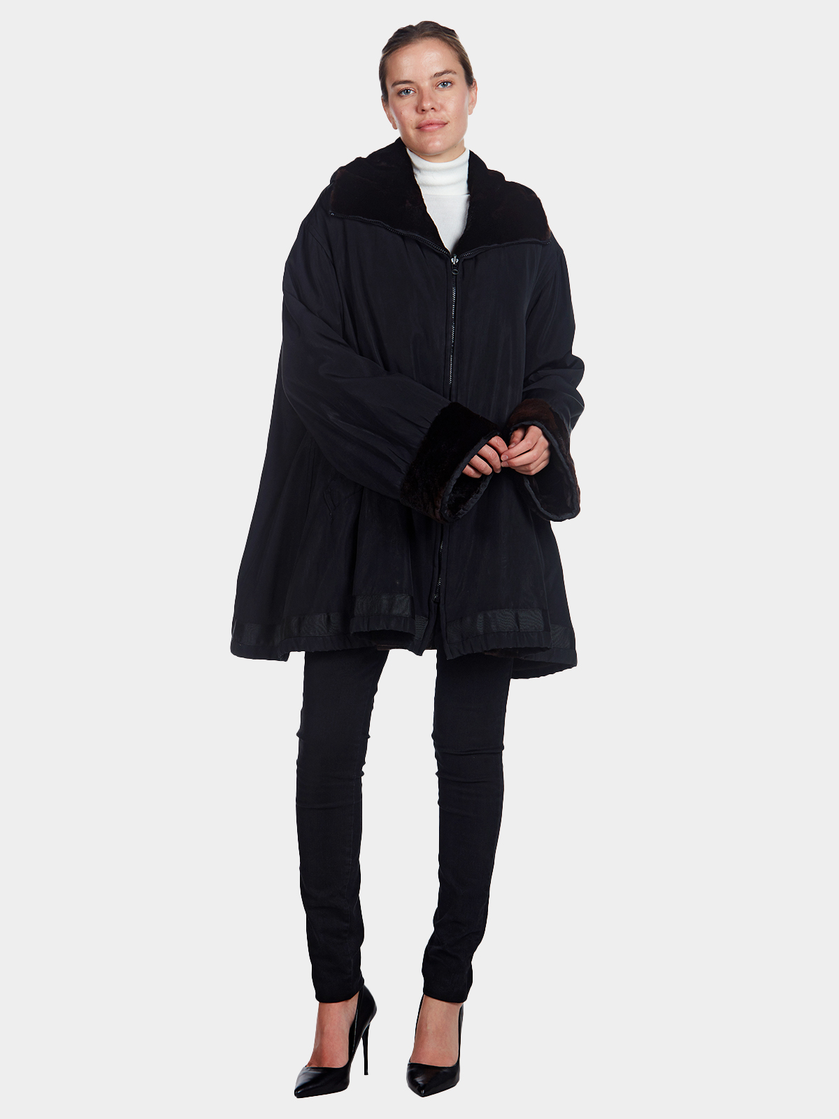 Woman's Black Fabric Raincoat with Sheared Mink Fur