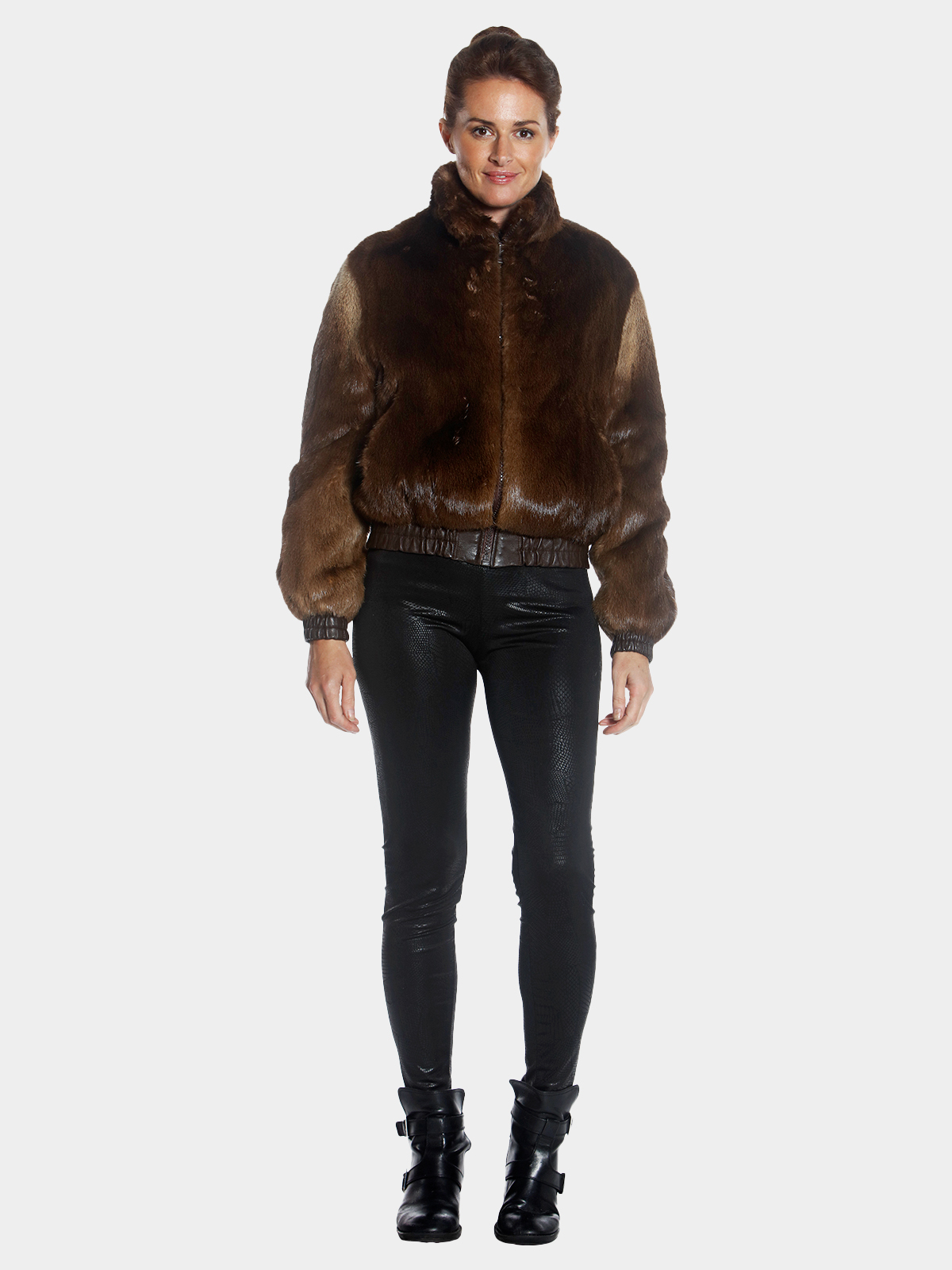 Woman's Brown Long Hair Otter Fur Bomber Jacket