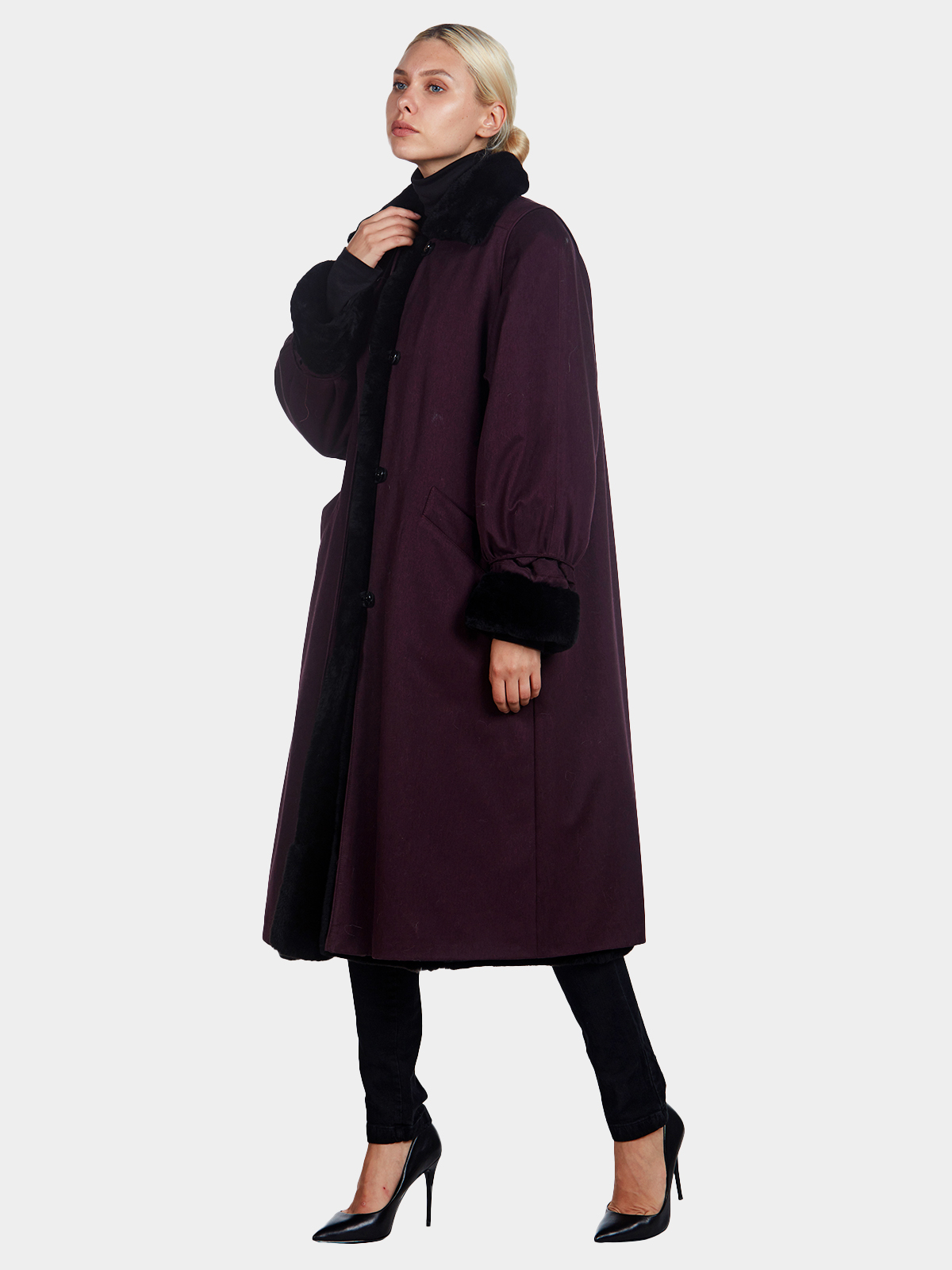 Woman's Reversible Burgundy Fabric with Sheared Nutria Coat