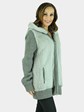 Woman's Sapphire Grey Knit Punch Mink Fur Reversible Sweater with Hood