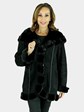 Woman's Black Suede Shearling Lamb Parka with Mink Trim