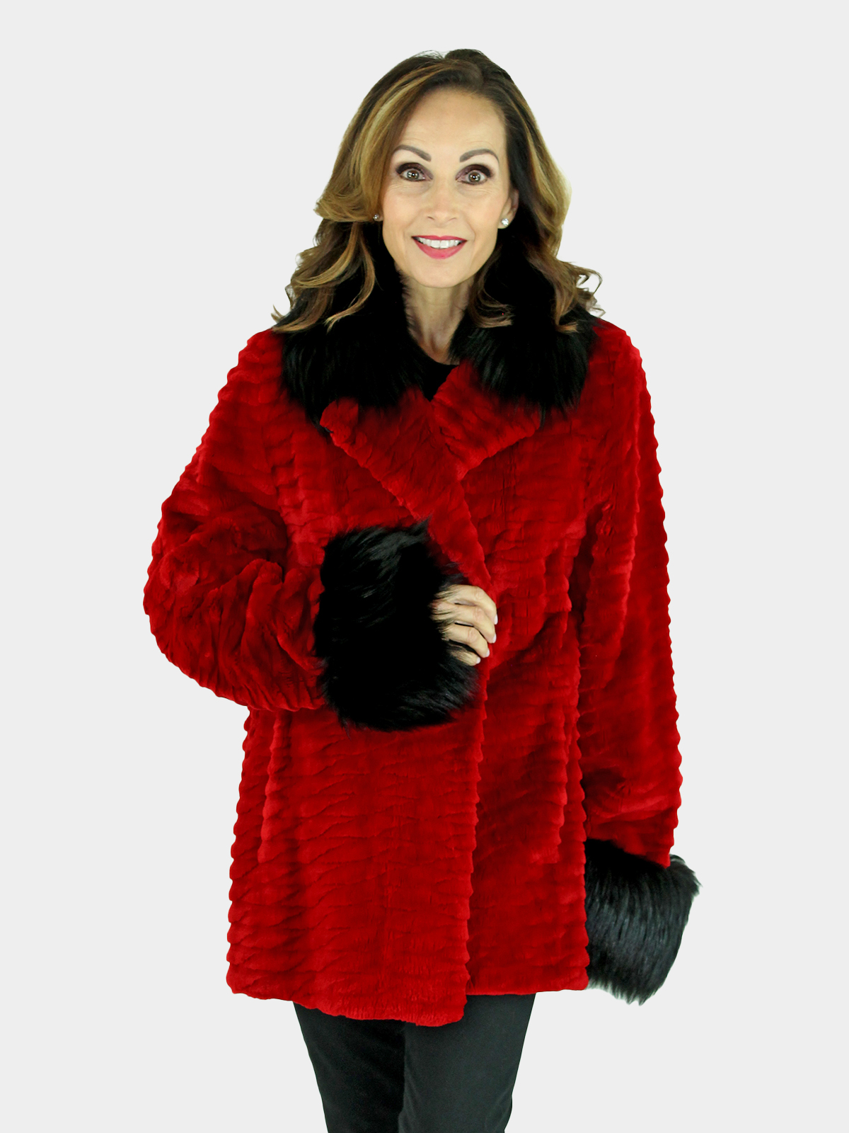 Woman's Red Sheared and Grooved Beaver Fur Jacket with Black Fox Trim