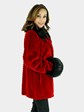 Woman's Red Sheared and Grooved Beaver Fur Jacket with Black Fox Trim