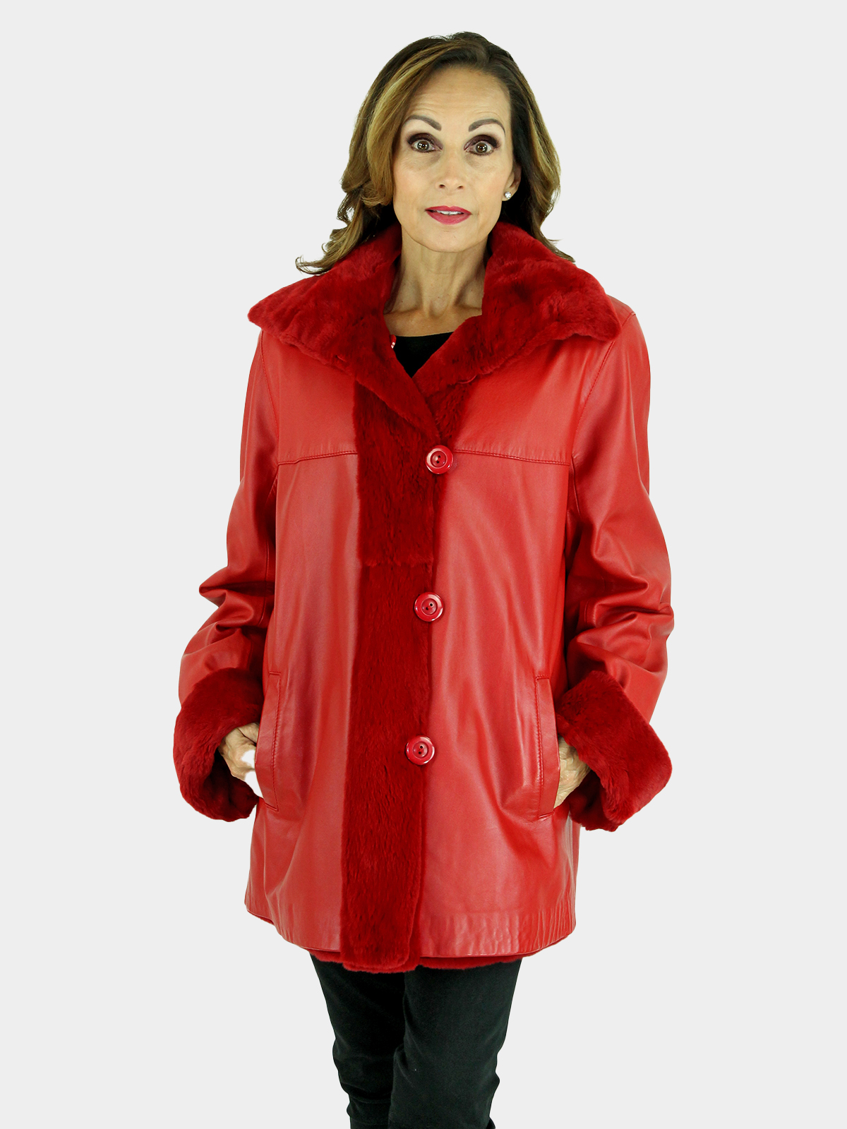 Woman's Red Leather Jacket with Reversible Red Sheared Mink Lining