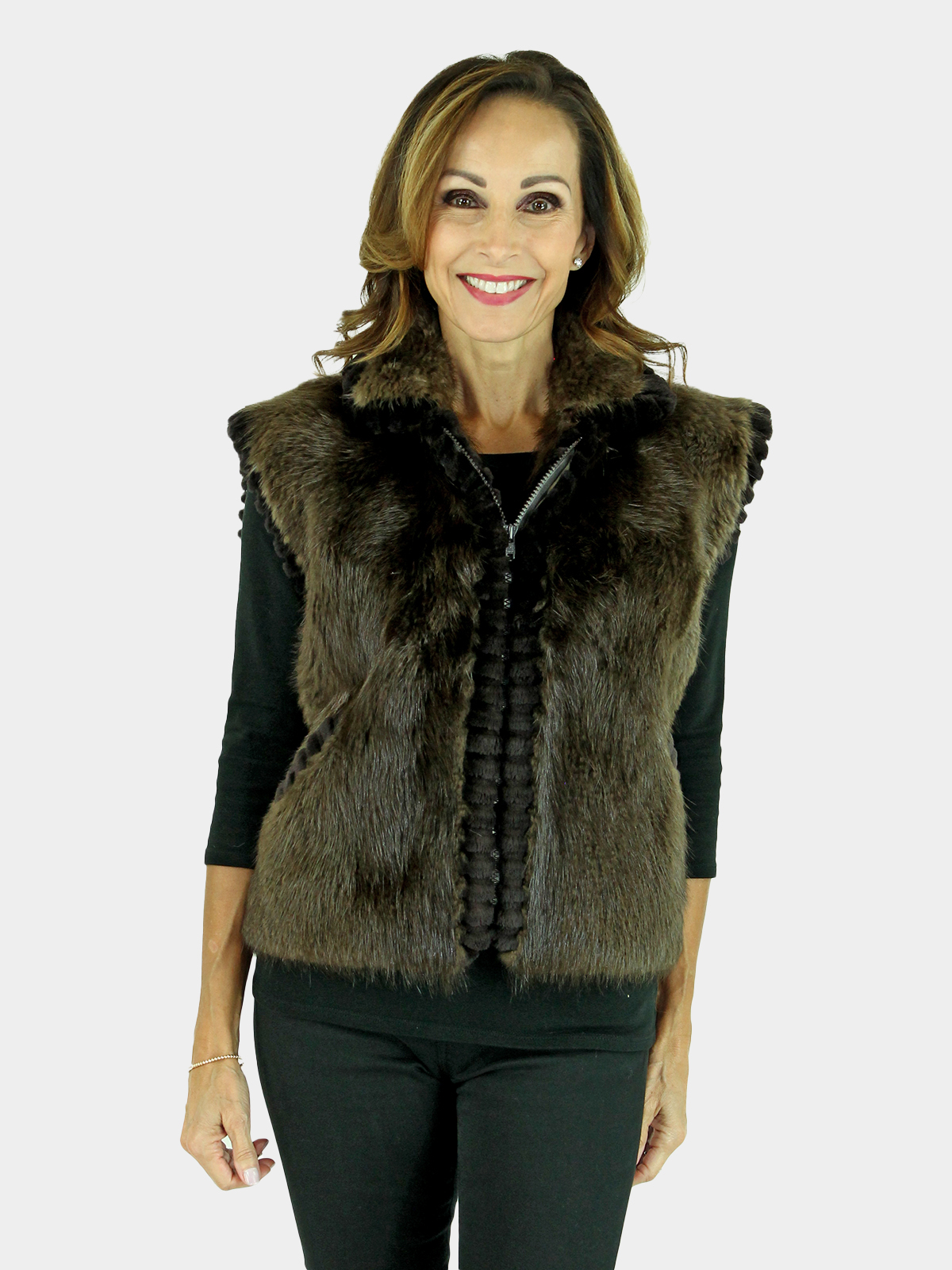 Woman's Long Haired Beaver Fur Vest with Sheared Beaver Trim