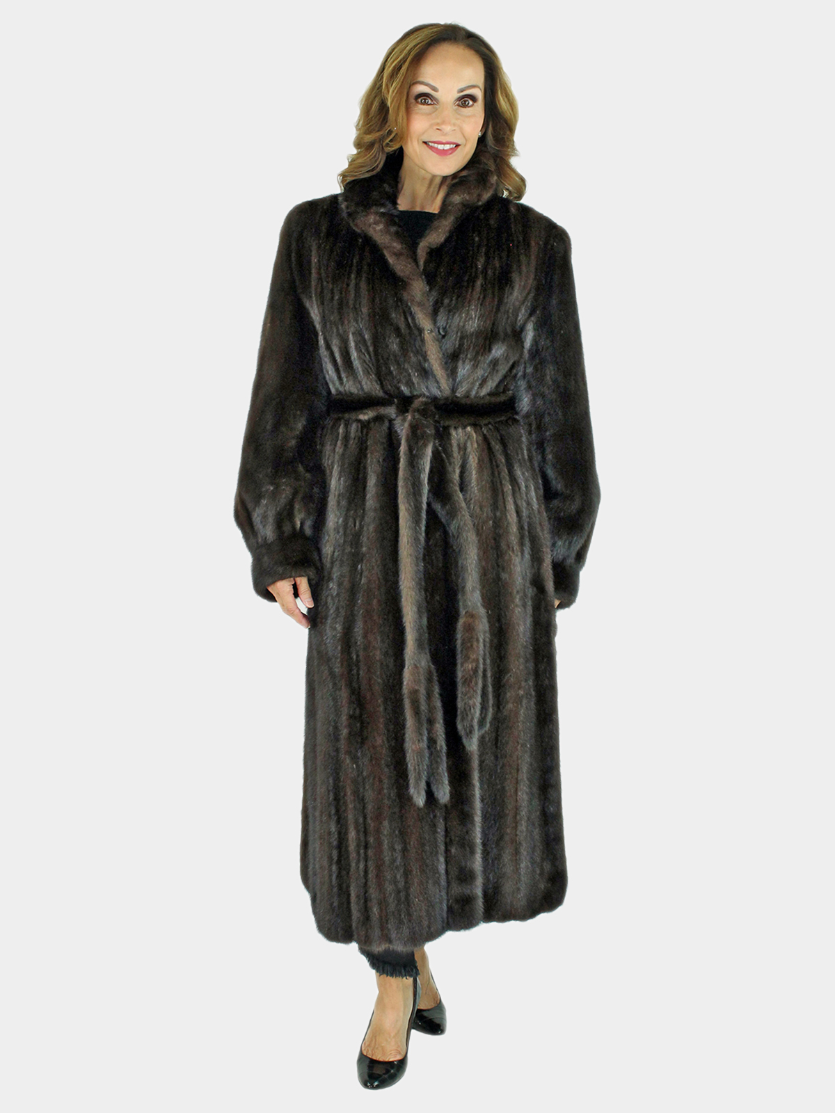 Woman's Dark Mahogany Female Mink Fur Coat with Fur Belt