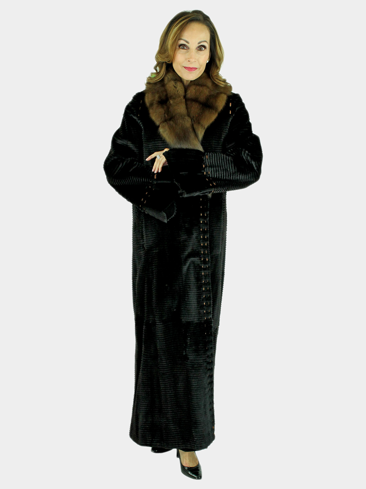 Woman's Laser Grooved Sheared Mink Fur Coat with Sable Collar