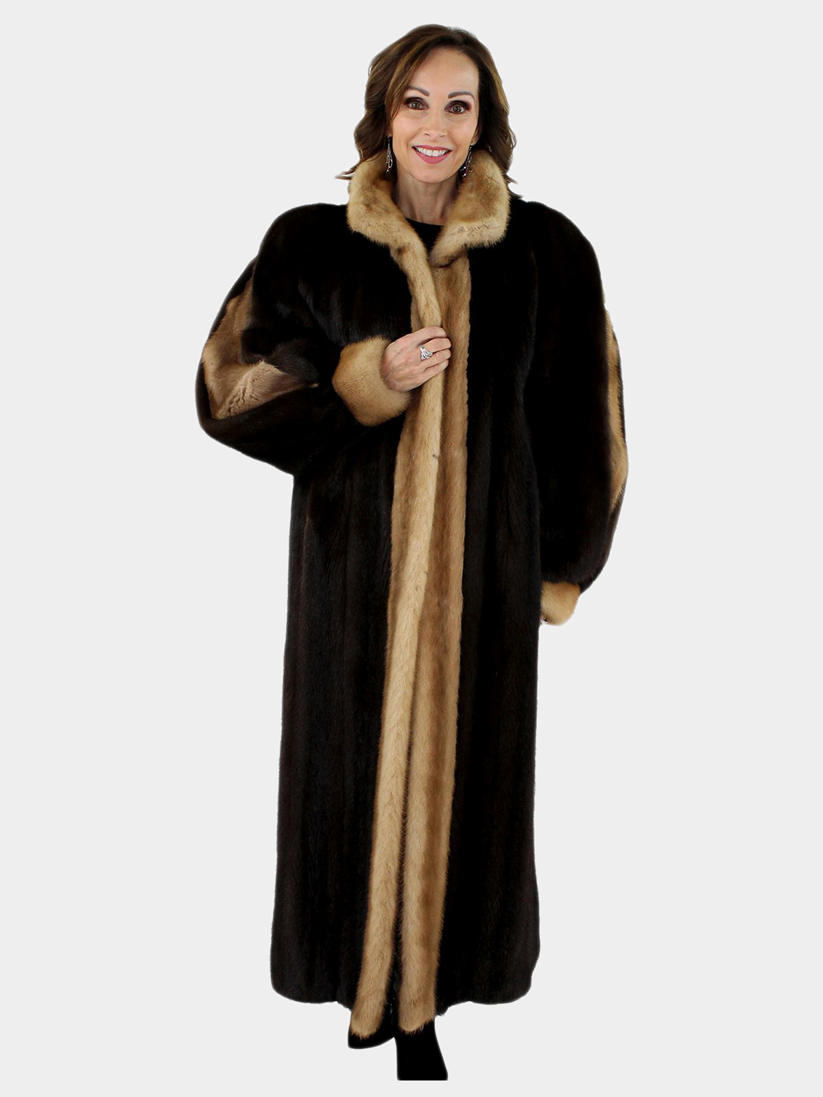 Woman's Mahogany Mink Fur Coat with Autumn Haze Mink Trim