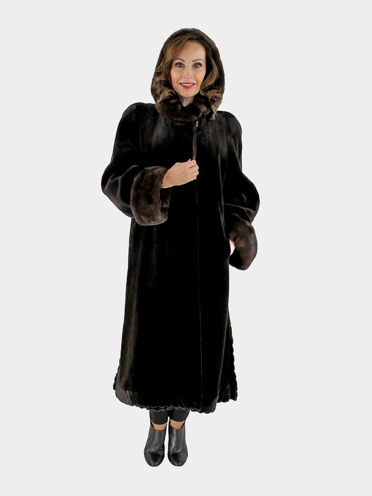 Woman's Dark Brown Sheared Mink Fur Coat with Detachable Hood