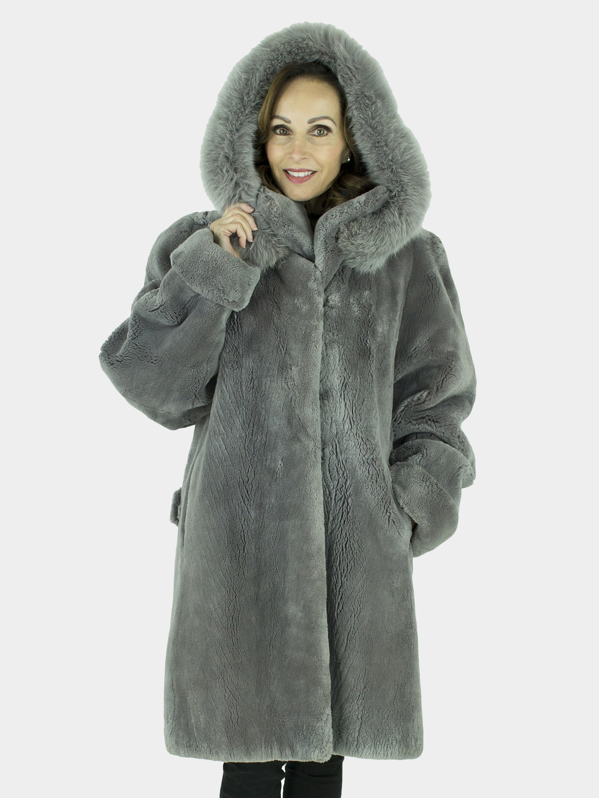 Woman's Grey Sheared Beaver Fur Stroller with Detachable Fox Trimmed Hood