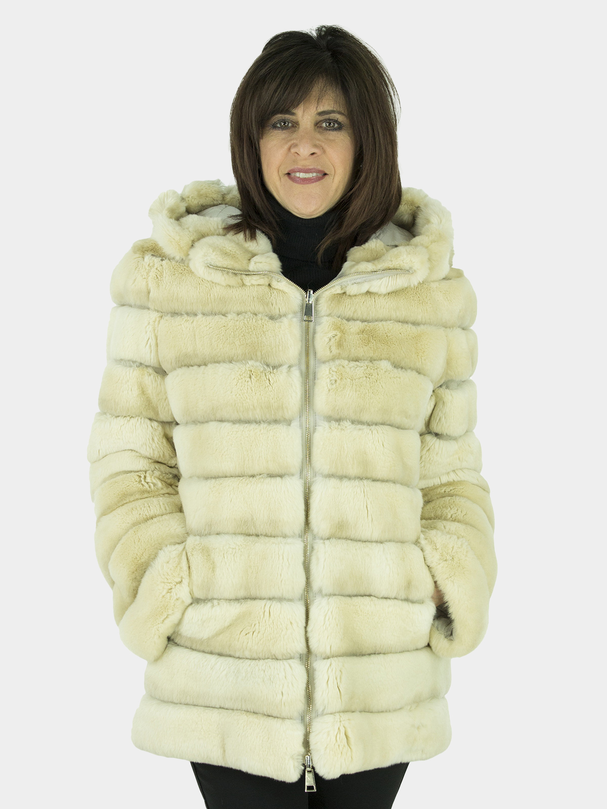 Woman' Rex Rabbit Fur Jacket Reversible to Quilted Silver Grey Fabric