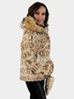 Woman's Iceberg Sheared Mink Fur Section Jacket with Fox Fur Trimmed Hood and Matching Hand Bag